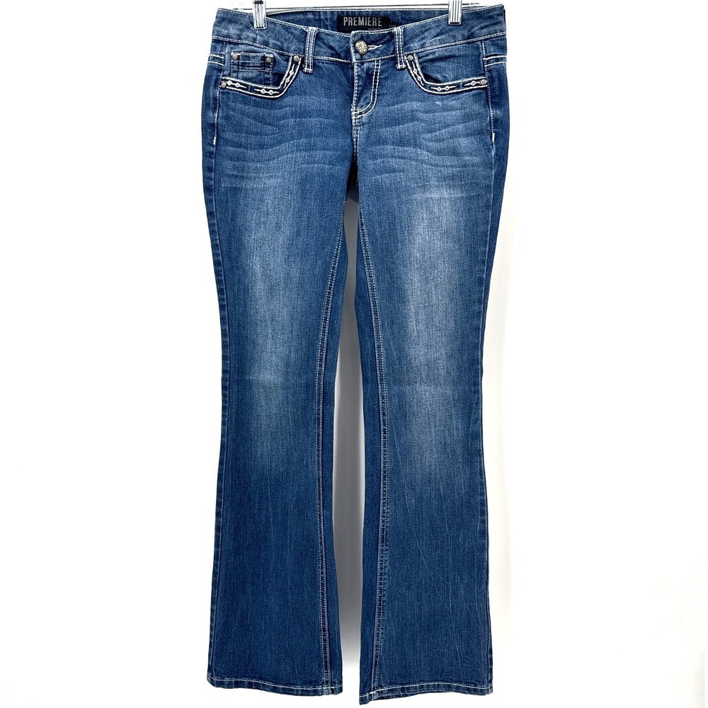 Premiere Jeans Women 1/2R Bootcut Blue Denim Embellished Pockets‎ Rhinestone